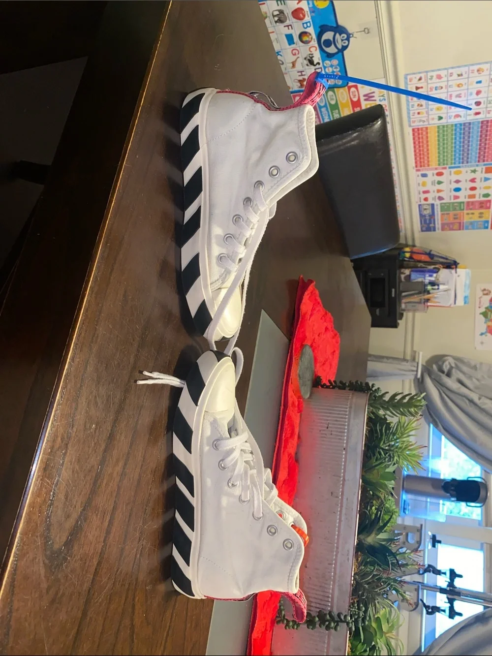 Off-White White and Black Canvas High-Top Sneakers with Orange Tag